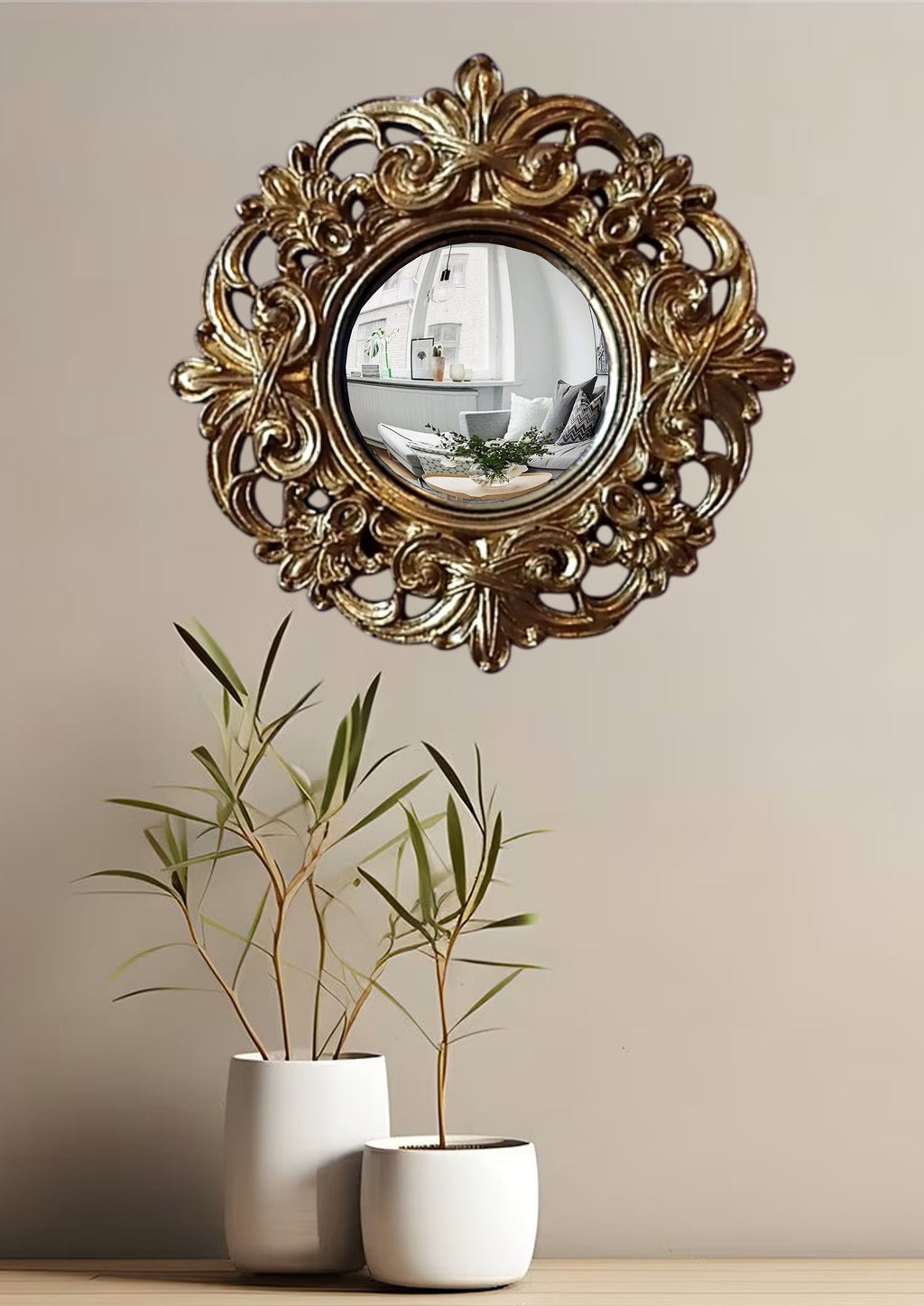 Golden Baroque Witch's Eye Convex Mirror — Handcrafted Antique Wall Decor