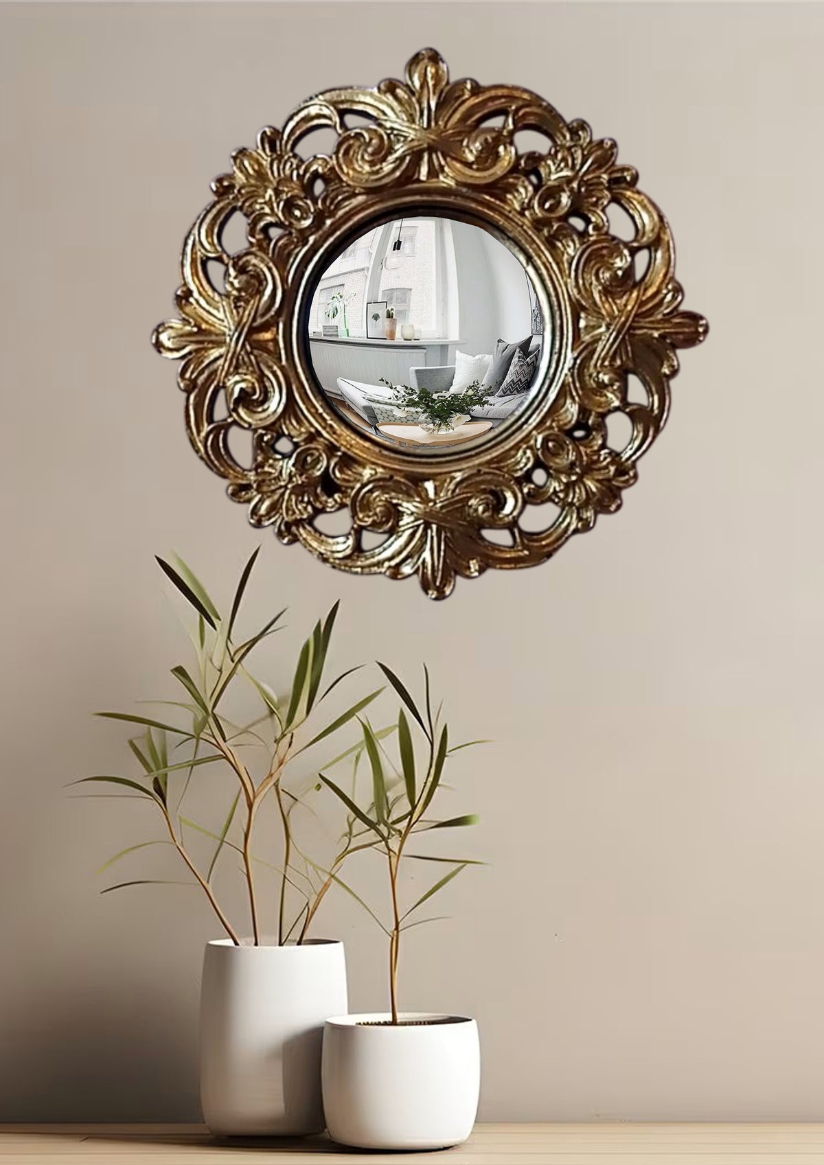 Golden Baroque Witch's Eye Convex Mirror — Handcrafted Antique Wall Decor
