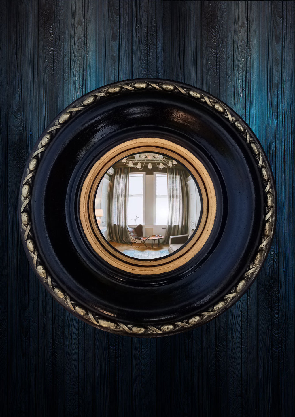 Black & Gold Regency Witch Eye Convex Mirror — Handcrafted Gothic Wall Decor