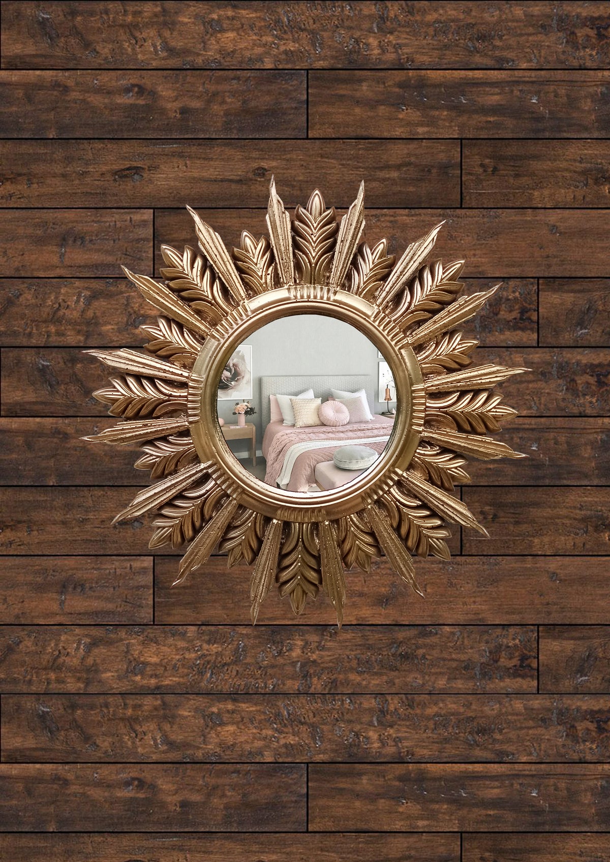 Handmade Sunburst Mirror — Gold Patina, 27×27 cm