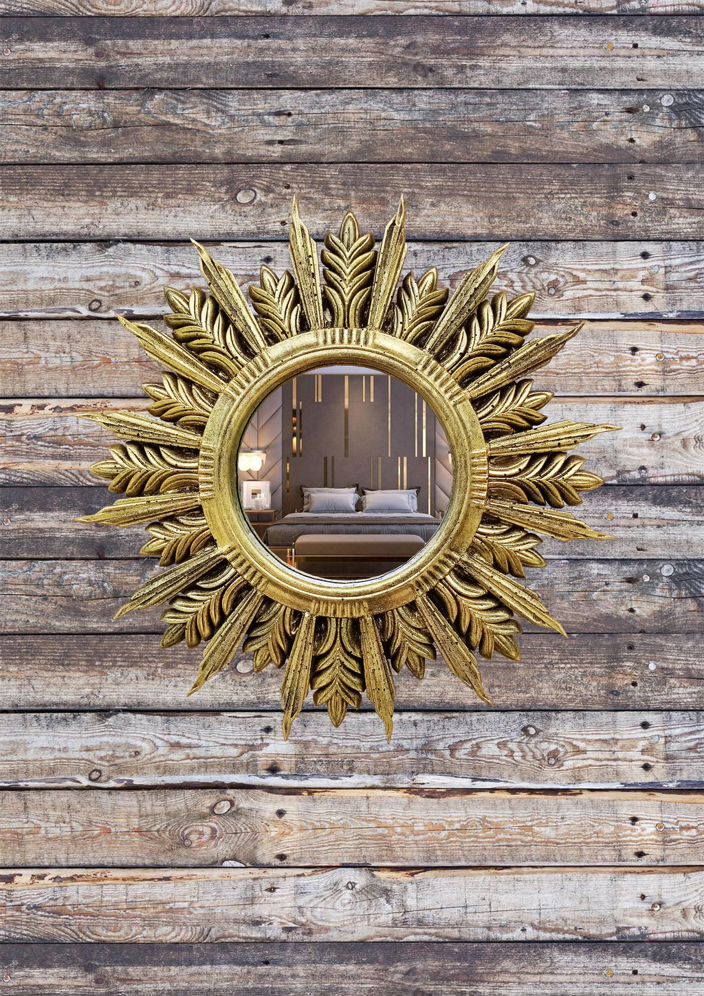 Handmade Sunburst Mirror — Brass Patina, 27×27 cm