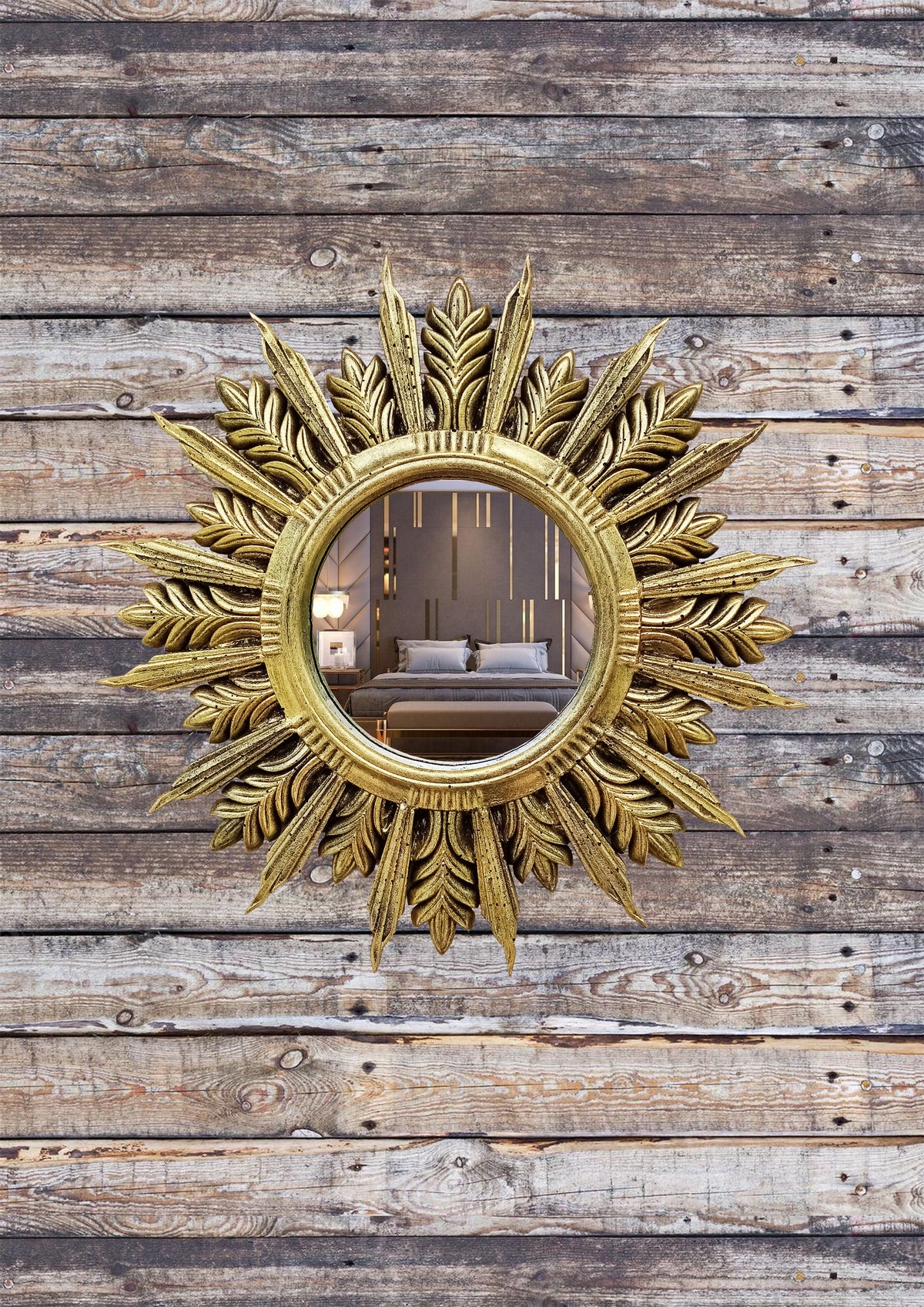 Handmade Sunburst Mirror — Brass Patina, 27×27 cm