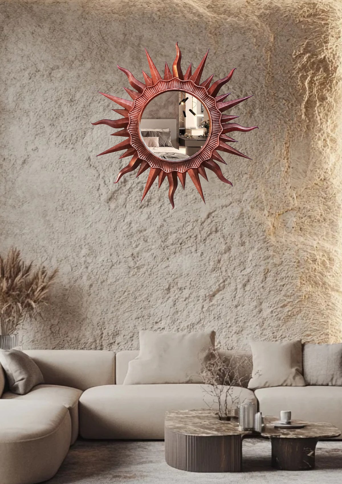 Handmade Copper Patina Sunburst Mirror — Vintage Wall Decor 24.5 cm
