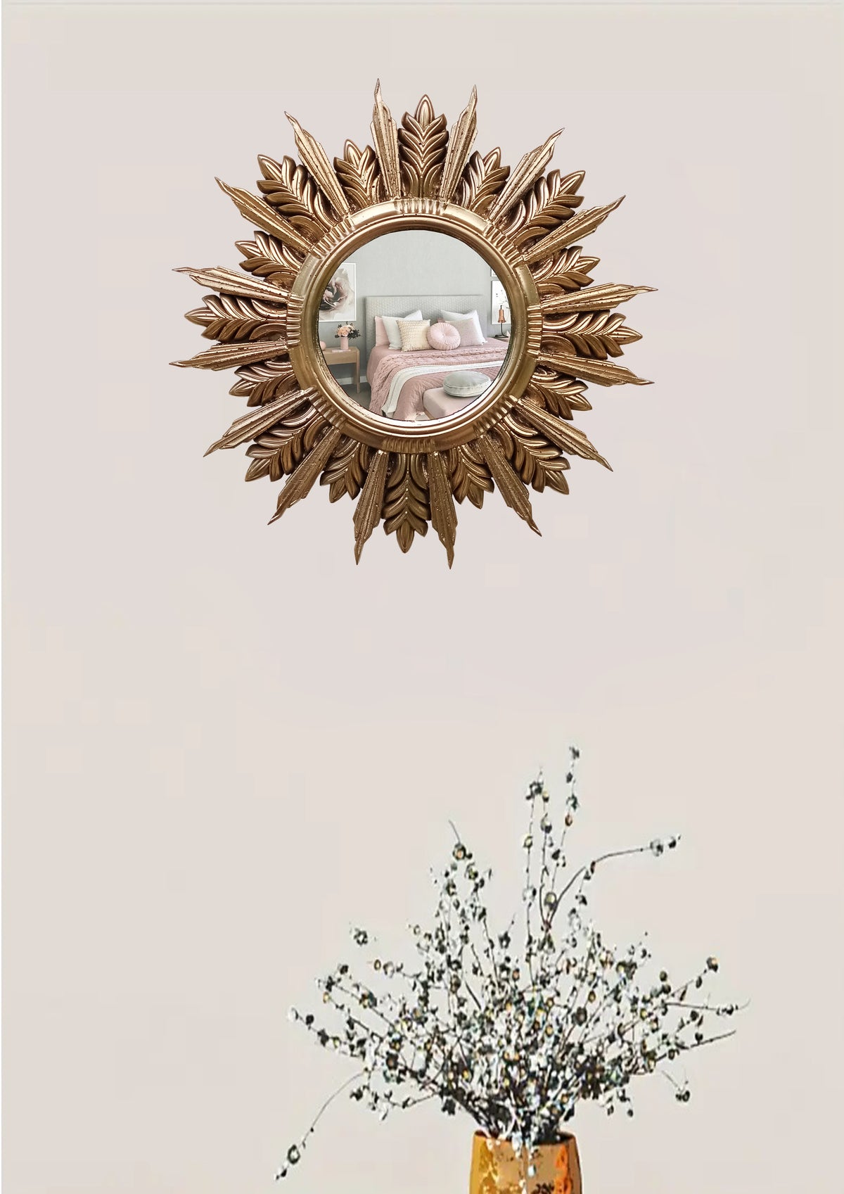 Handmade Sunburst Mirror — Gold Patina, 27×27 cm