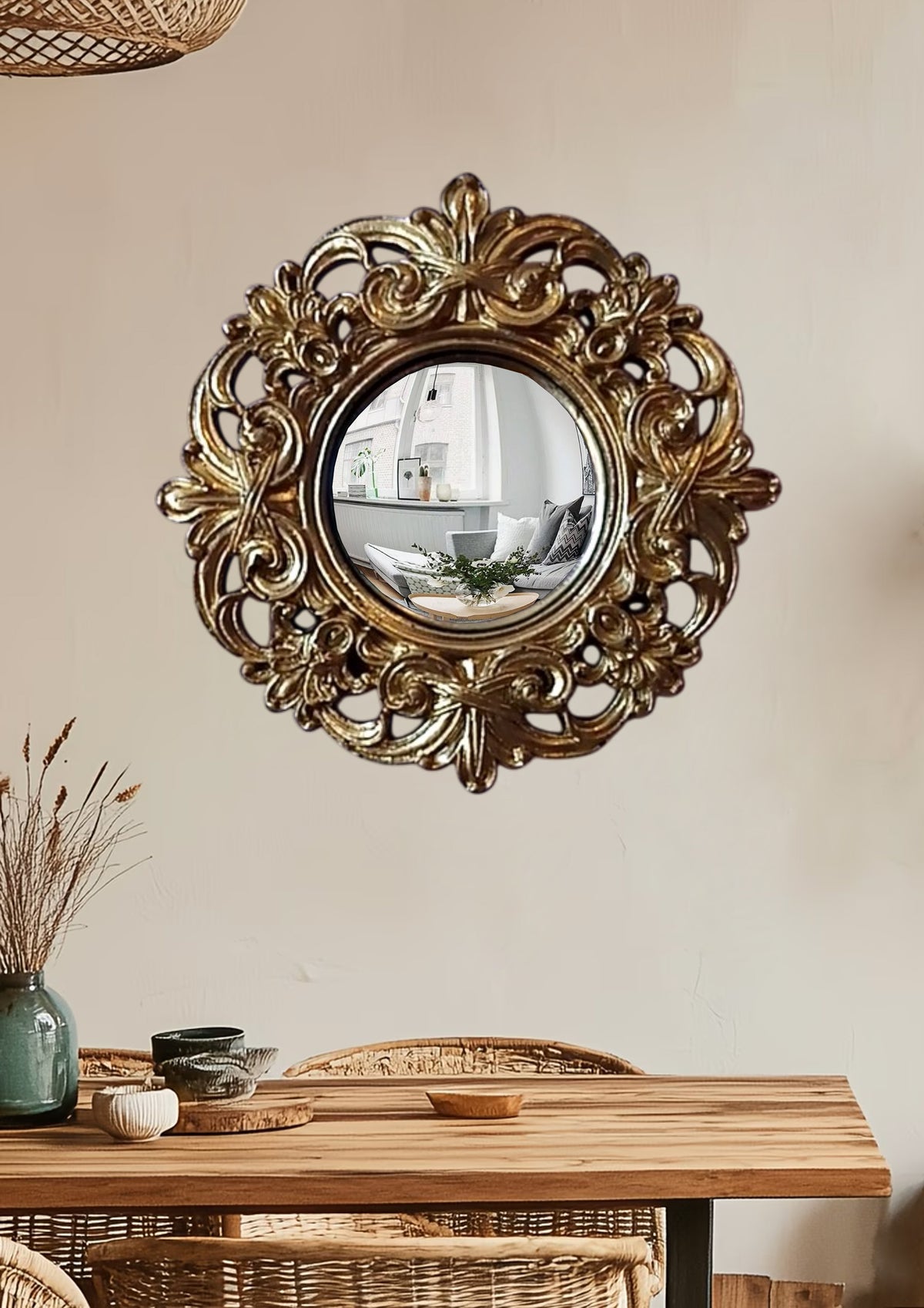 Golden Baroque Witch's Eye Convex Mirror — Handcrafted Antique Wall Decor