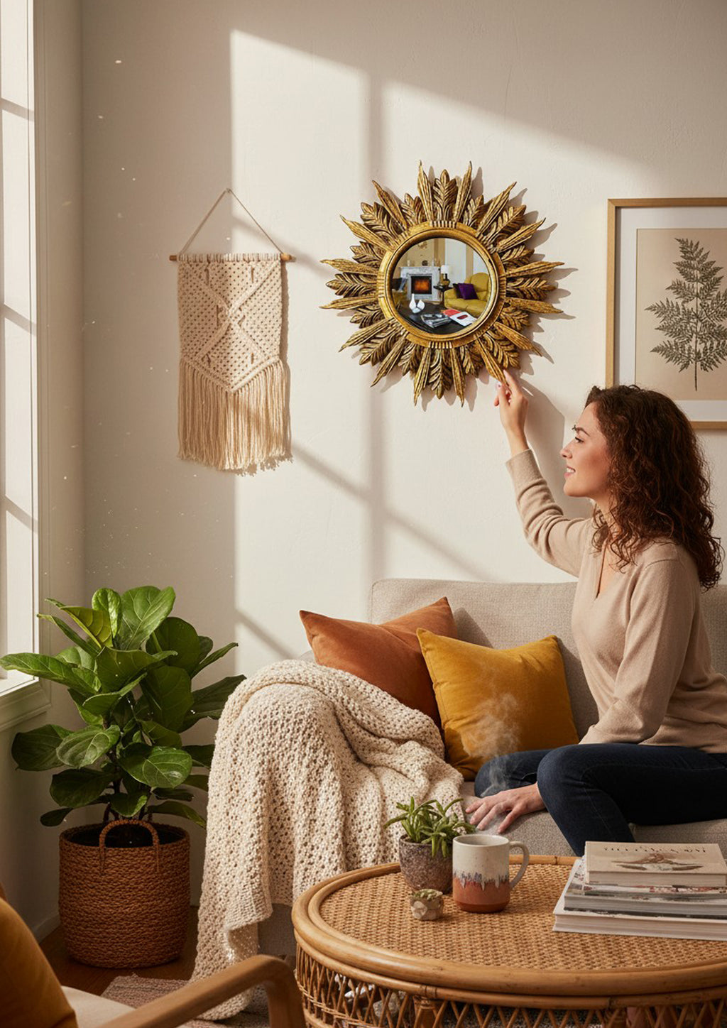 Handmade Sunburst Mirror — Antique Bronze, 27×27 cm