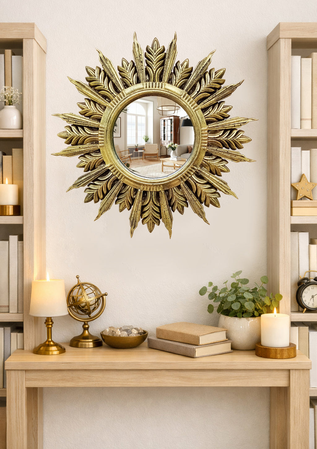 Handmade Sunburst Mirror — Brass Patina, 27×27 cm