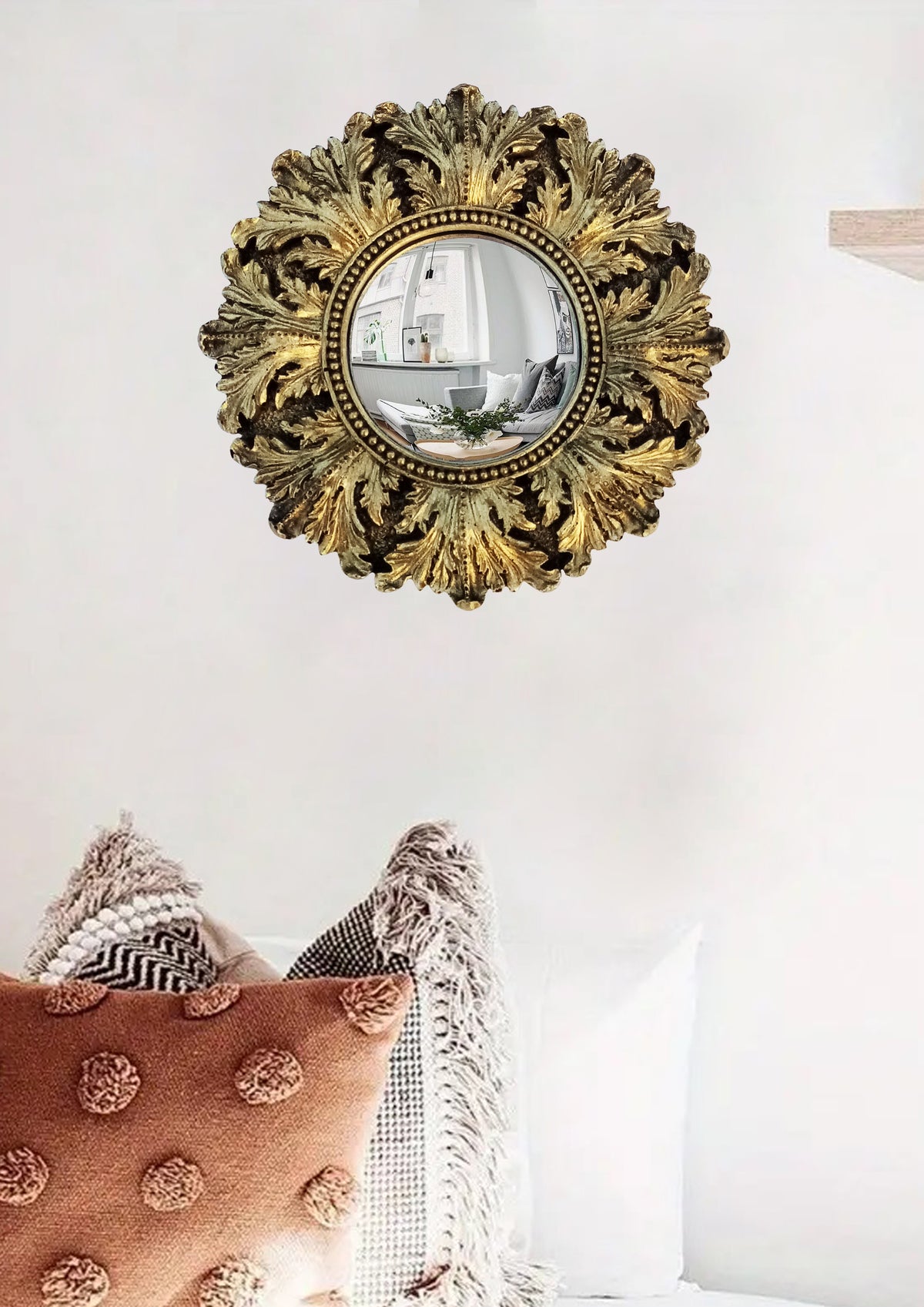 Black & Gold Acanthus Witch's Eye Convex Mirror — Handcrafted Mystical Wall Decor