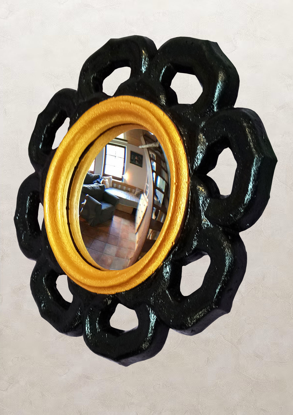 Black & Gold Witch Eye Mirror — Handcrafted Gothic Flower Wall Decor