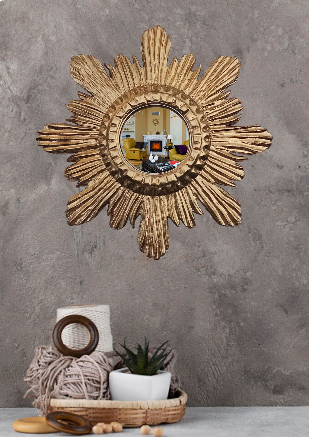 Antique Gold Sunburst Witch's Eye Mirror — Handcrafted Mystical Wall Decor