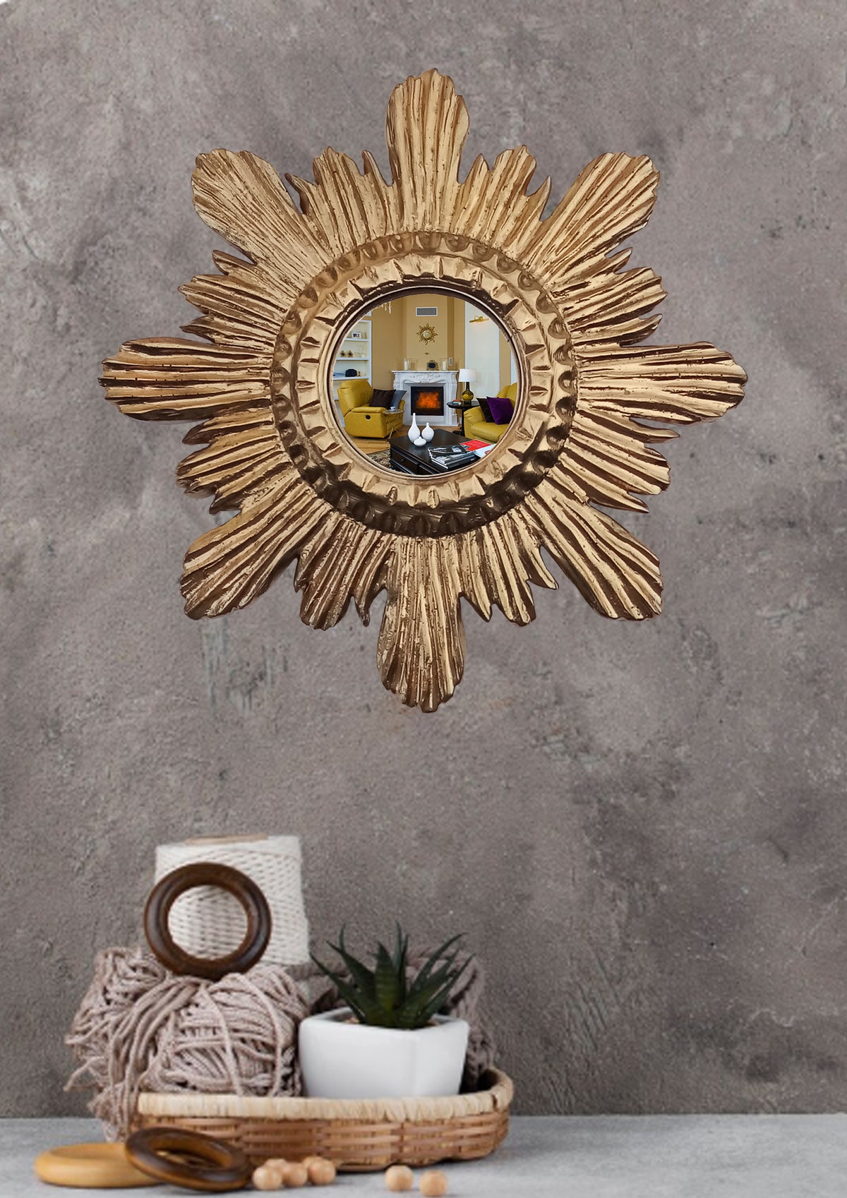 Antique Gold Sunburst Witch's Eye Mirror — Handcrafted Mystical Wall Decor