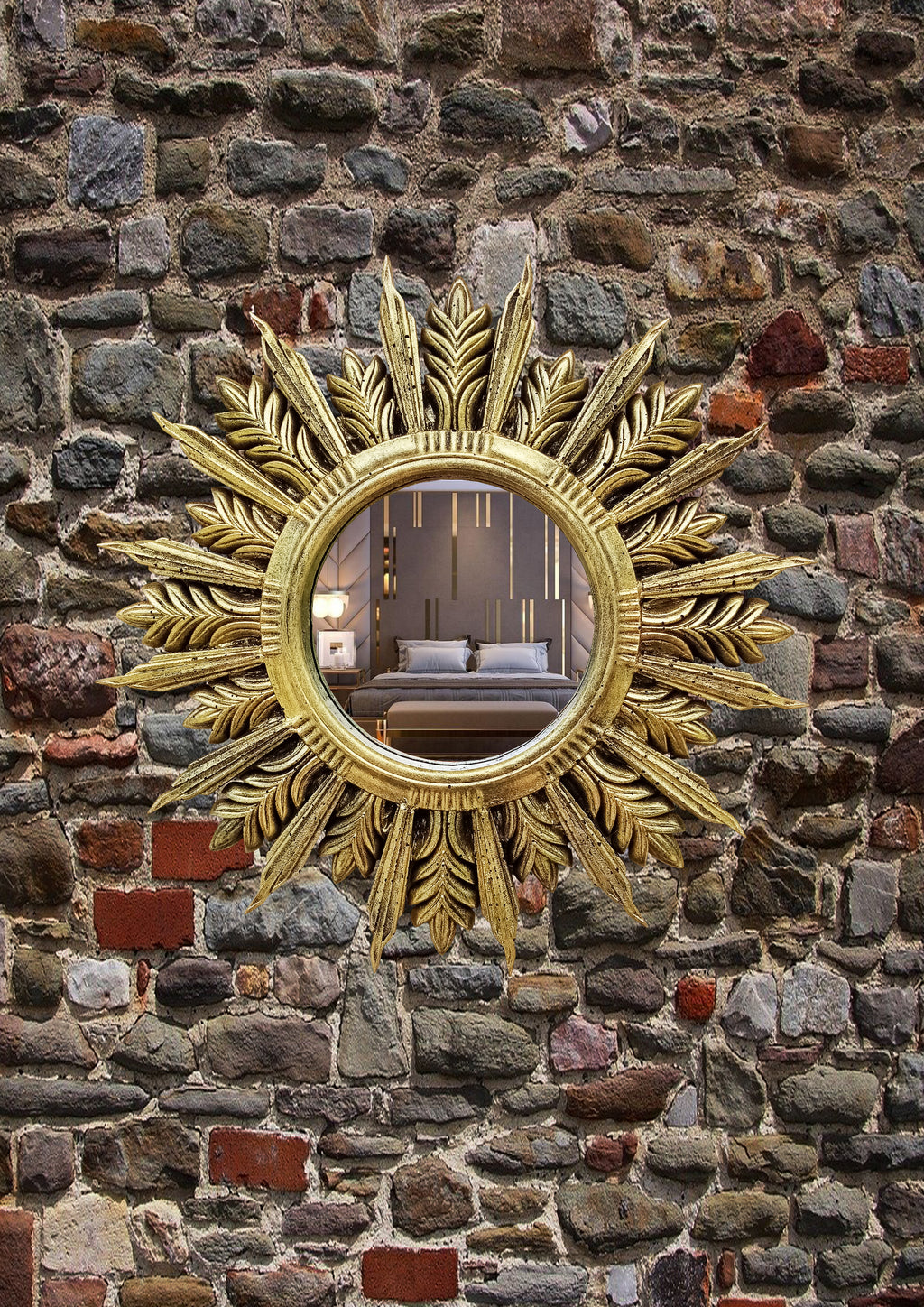Handmade Sunburst Mirror — Brass Patina, 27×27 cm