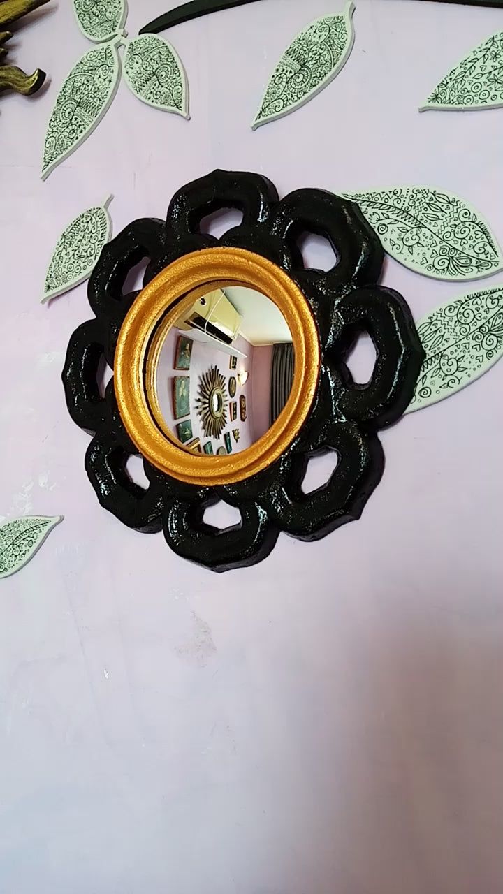 Black & Gold Witch Eye Mirror — Handcrafted Gothic Flower Wall Decor