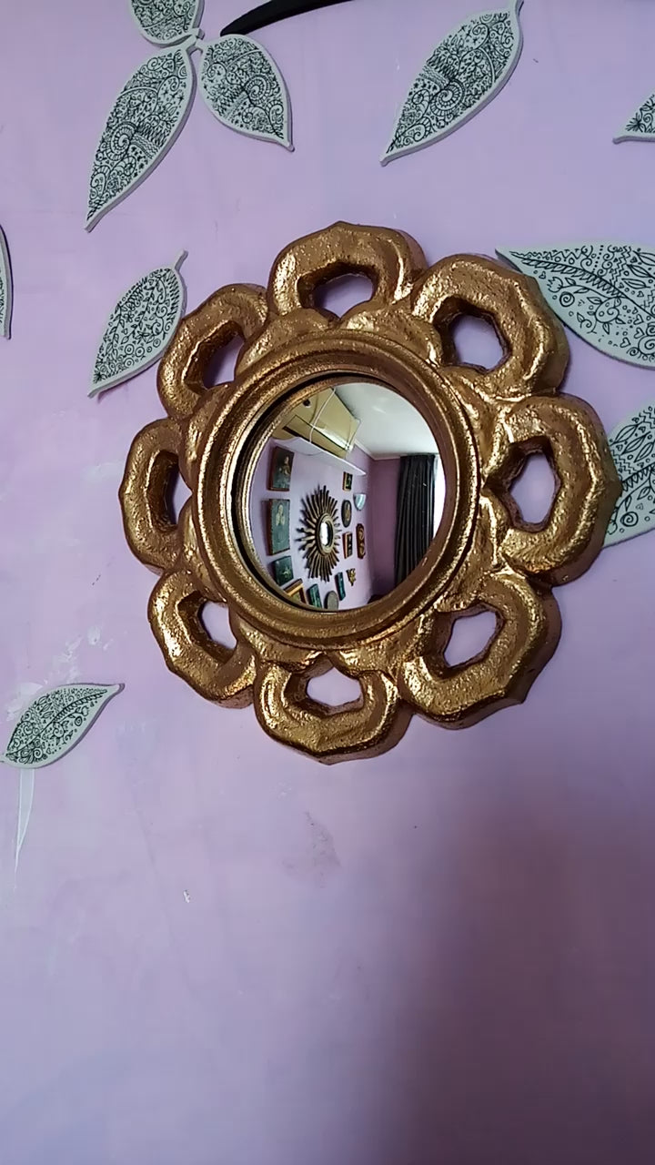 Golden Flower Witch's Eye Mirror — Handcrafted Mystical Wall Decor