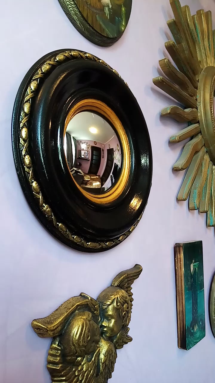 Black & Gold Regency Witch Eye Convex Mirror — Handcrafted Gothic Wall Decor